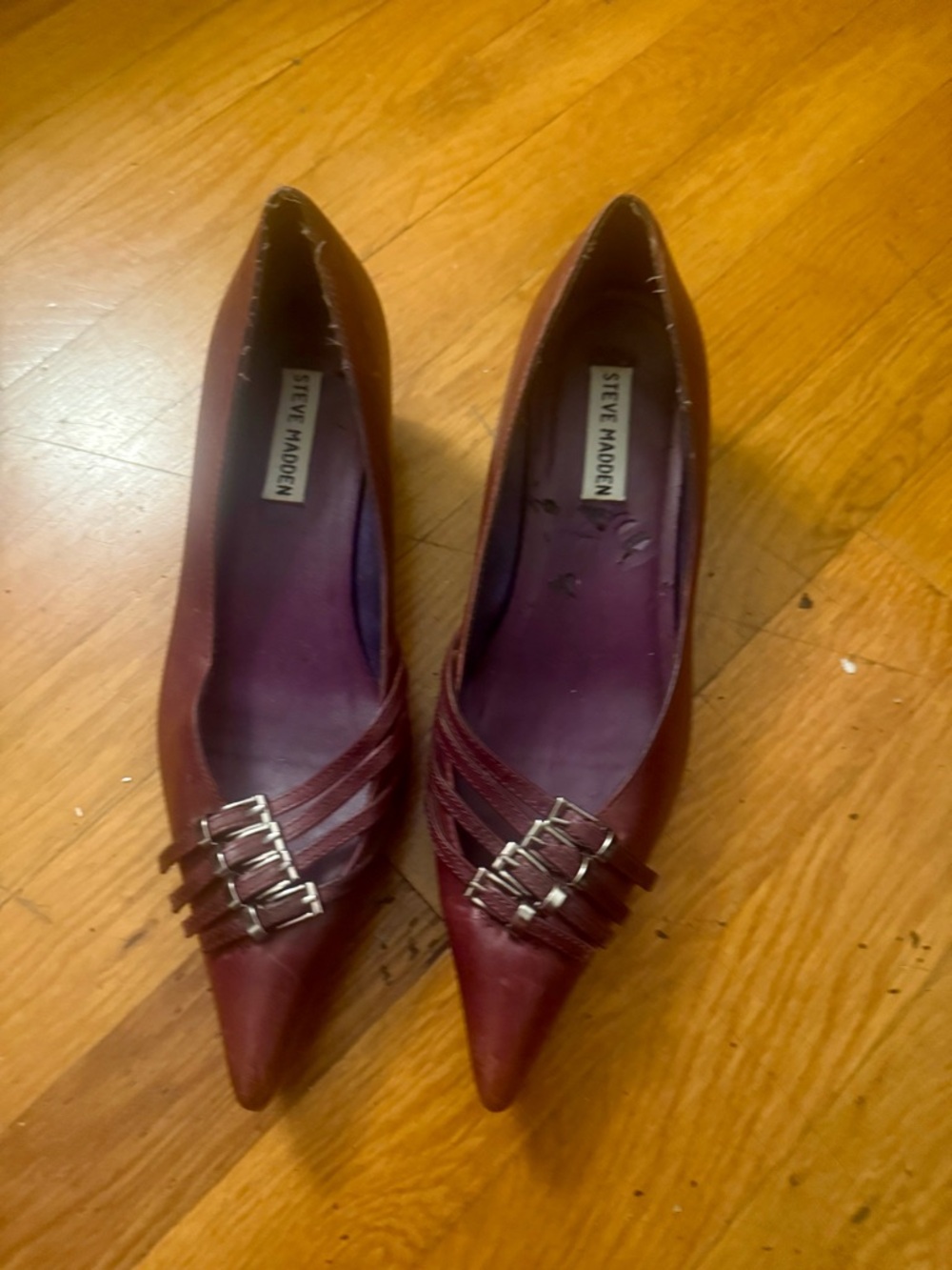 Steve Madden Burgundy Pointed Toe Pumps with Decorative Buckles